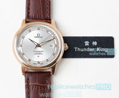 Swiss Quality Omega Constellation Date Watch Silver Dial Rose Gold Bezel Brown Leather Strap